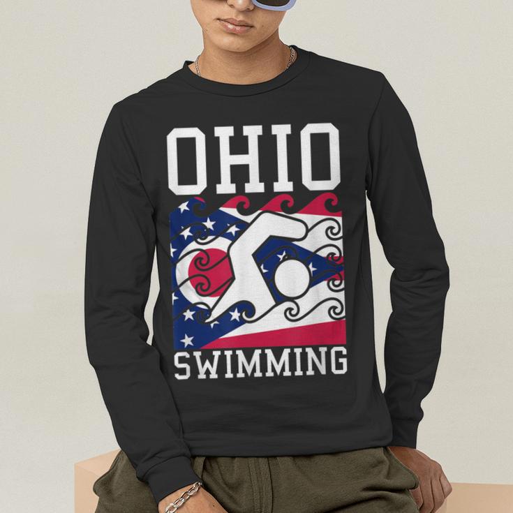 Ohio Flag Swimming Team Swim Swimmer US State Men's Long Sleeve T-Shirt Ohio Flag Swimming Team Swim Swimmer US State Men's Long Sleeve T-Shirt