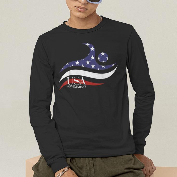 Patriotic American Flag Floating USA Swimming Team Men's Long Sleeve T-Shirt Patriotic American Flag Floating USA Swimming Team Men's Long Sleeve T-Shirt
