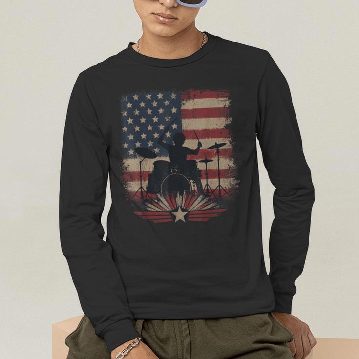 Patriotic Drum Kit Silhouette American Flag Men's Long Sleeve T-Shirt Patriotic Drum Kit Silhouette American Flag Men's Long Sleeve T-Shirt