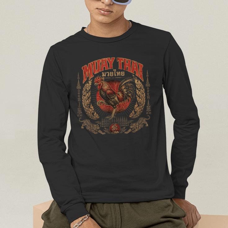 Retro Muay Thai Woman Thai Boxing Warrior Fighter Chicken Men's Long Sleeve T-Shirt