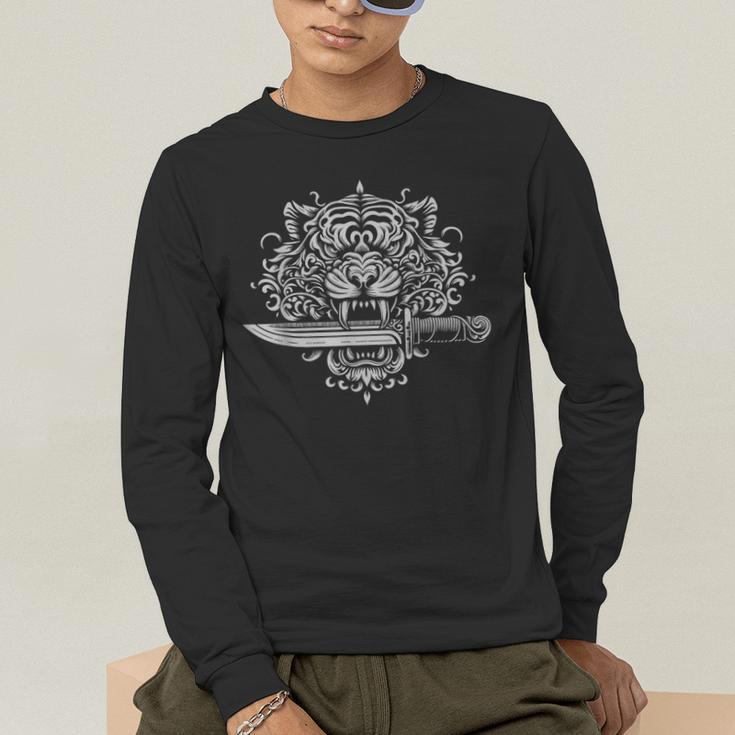 Sak Yant Muay Thai MMA Tattoo Tiger Head Knife Martial Art Men's Long Sleeve T-Shirt