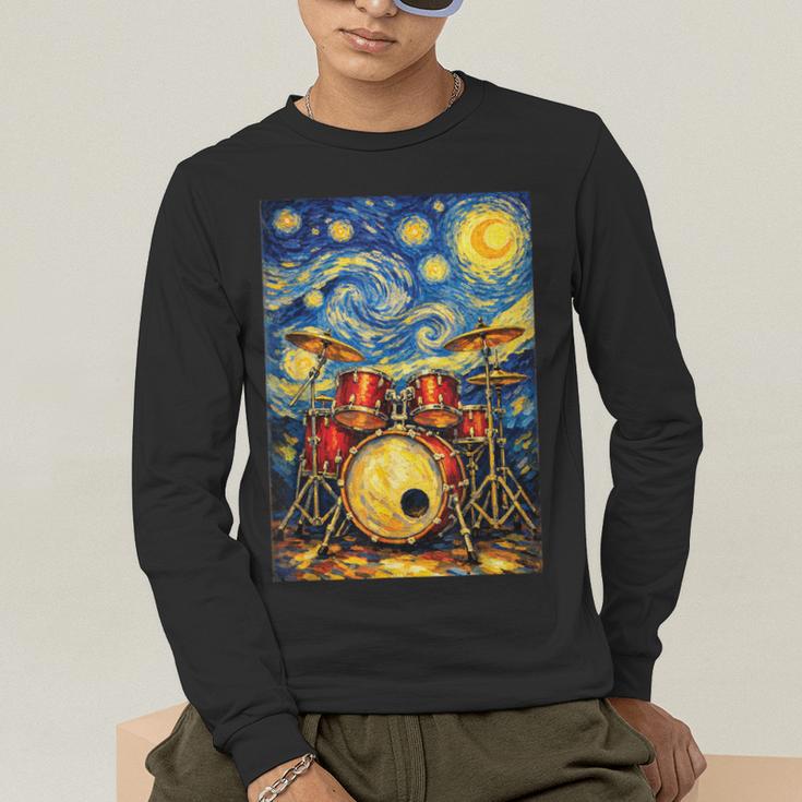 Starry Night Drum Kit Van Gogh Style Art Men's Long Sleeve T-Shirt Starry Night Drum Kit Van Gogh Style Art Men's Long Sleeve T-Shirt