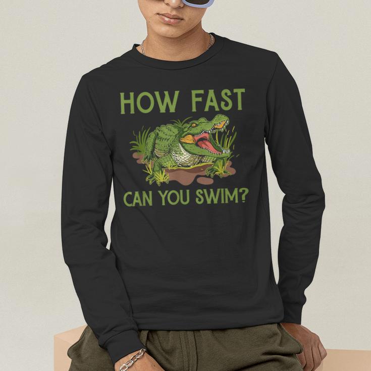 Swimmer Crocodile Swimming Humor How Fast You Can Swim Men's Long Sleeve T-Shirt Swimmer Crocodile Swimming Humor How Fast You Can Swim Men's Long Sleeve T-Shirt