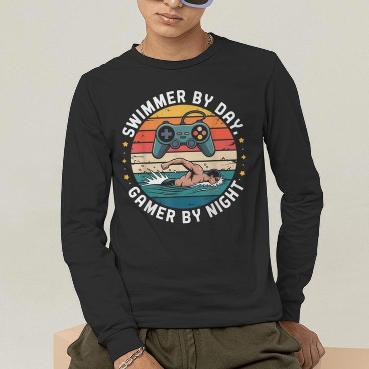 Swimmer By Day Gamer By Night Swimming Vintage Gaming Swim Men's Long Sleeve T-Shirt