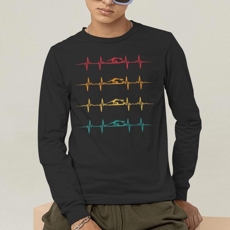 Swimming Swimmer Heartbeat Vintage Men Boys Women Swim Lover Men's Long Sleeve T-Shirt