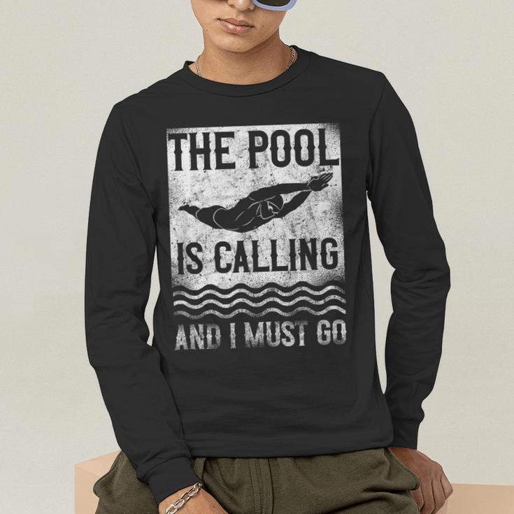 Swimming Swimmer Swim The Pool Is Calling Vintage Men's Long Sleeve T-Shirt Swimming Swimmer Swim The Pool Is Calling Vintage Men's Long Sleeve T-Shirt