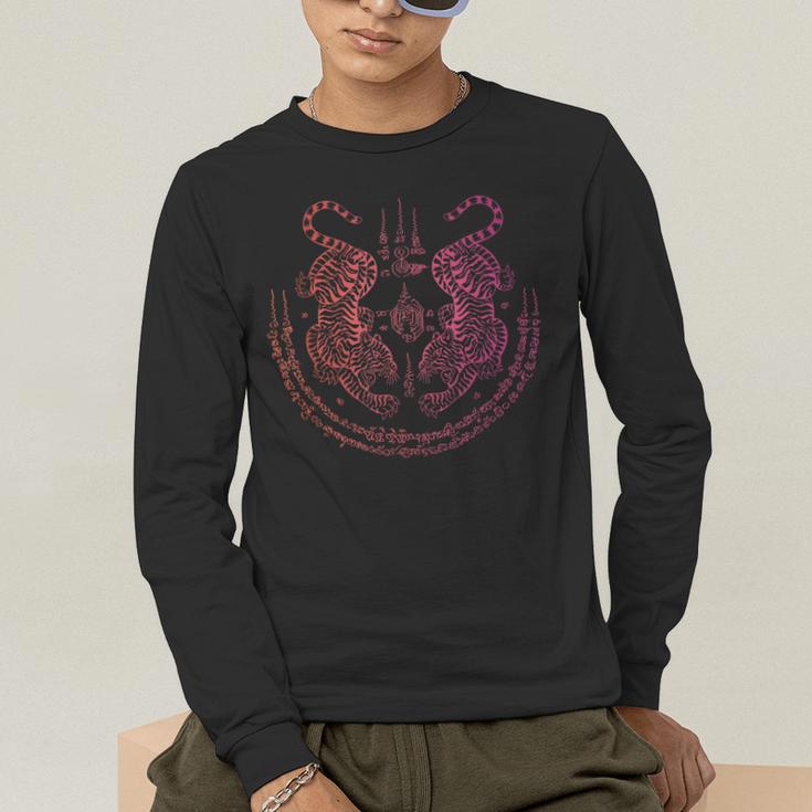Thai Tattoo Twin Tiger Sak Yant Muay Thai Thailand Graphic Men's Long Sleeve T-Shirt