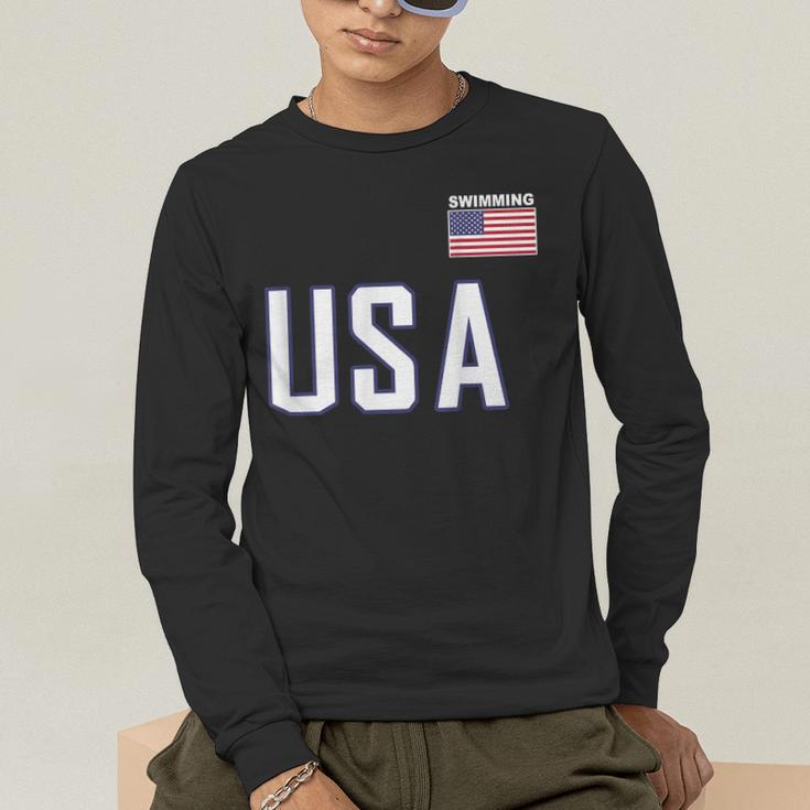 USA Flag Swim Swimming Sport Practice Equipment Men Women Men's Long Sleeve T-Shirt USA Flag Swim Swimming Sport Practice Equipment Men Women Men's Long Sleeve T-Shirt