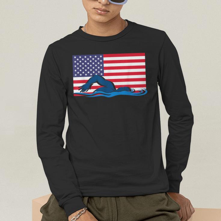 USA Flag Swimmer Swimming Sport Athlete Swim Swimming Men's Long Sleeve T-Shirt USA Flag Swimmer Swimming Sport Athlete Swim Swimming Men's Long Sleeve T-Shirt