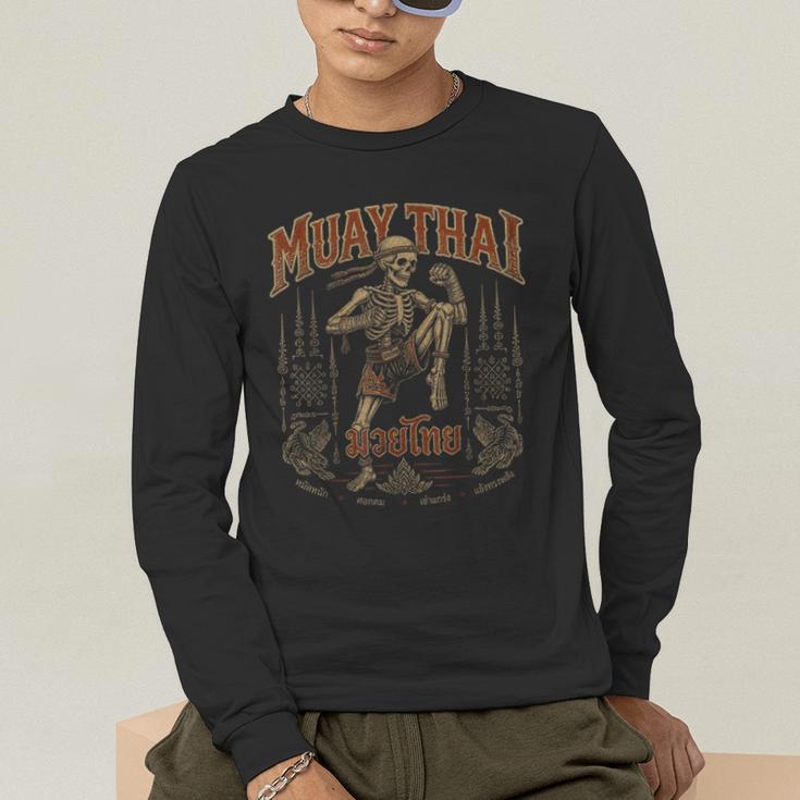Vintage Muay Thai Belt Thai Boxing Warrior Fighter Skeleton Men's Long Sleeve T-Shirt