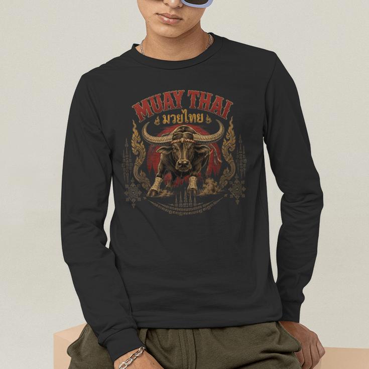 Vintage Muay Thai Dad Thai Boxing Fighter Father Buffalo Men's Long Sleeve T-Shirt
