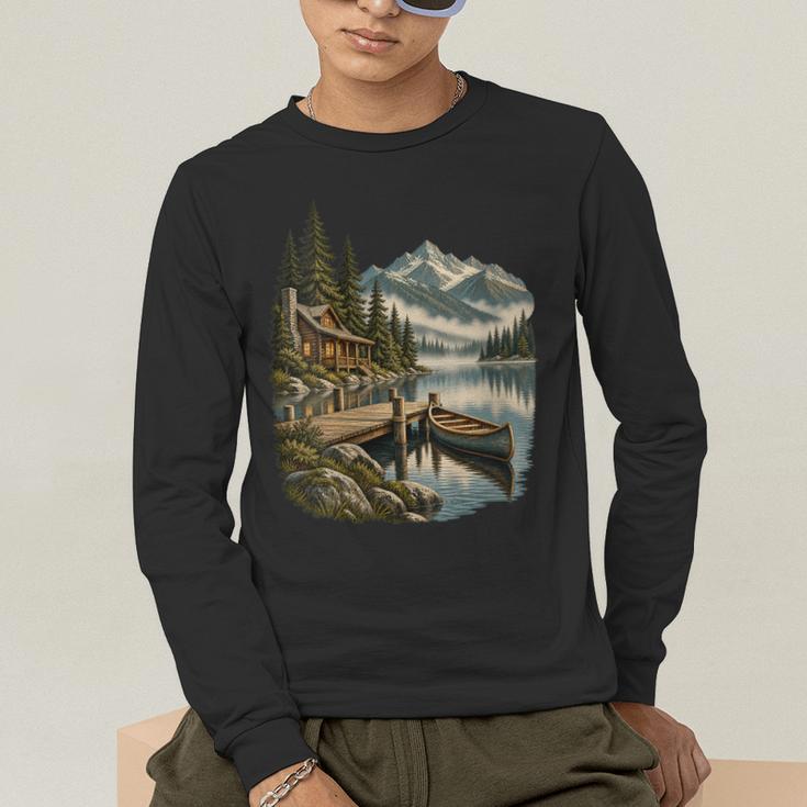 Women's Lakeside Canoe Cabin Escape Scene Men's Long Sleeve T-Shirt
