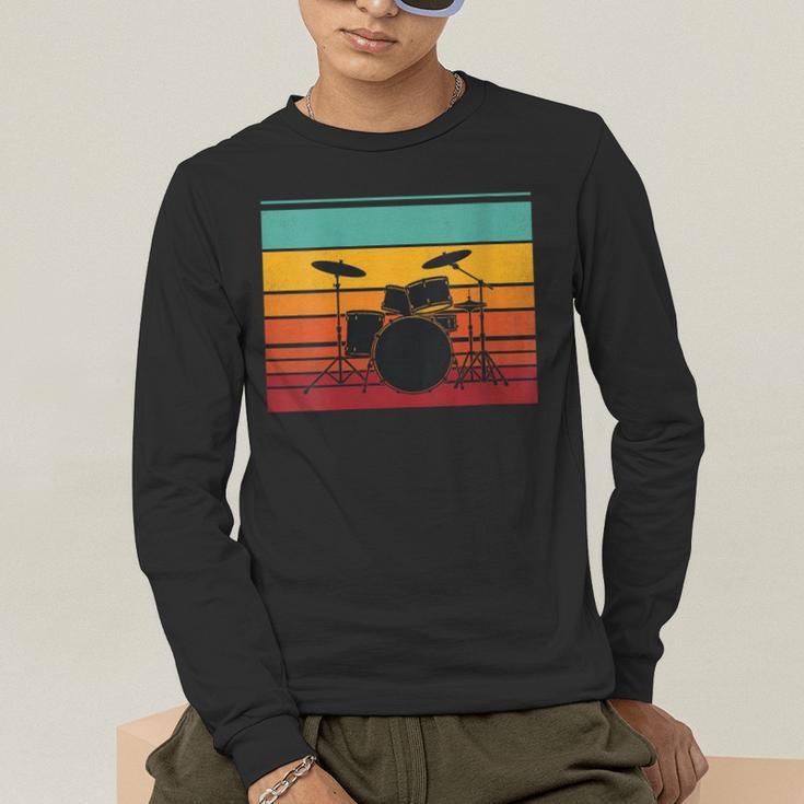 Women's Retro Drum Kit Silhouette With Color Stripes Men's Long Sleeve T-Shirt Women's Retro Drum Kit Silhouette With Color Stripes Men's Long Sleeve T-Shirt
