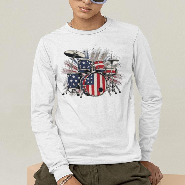 Drum Kit With American Flag Graphic For Musicians Men's Long Sleeve T-Shirt Drum Kit With American Flag Graphic For Musicians Men's Long Sleeve T-Shirt