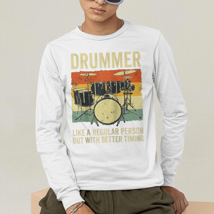 Drummer Better Timing Retro Vintage Sunset Drum Kit Graphic Raglan Baseball Tee Men's Long Sleeve T-Shirt Drummer Better Timing Retro Vintage Sunset Drum Kit Graphic Raglan Baseball Tee Men's Long Sleeve T-Shirt