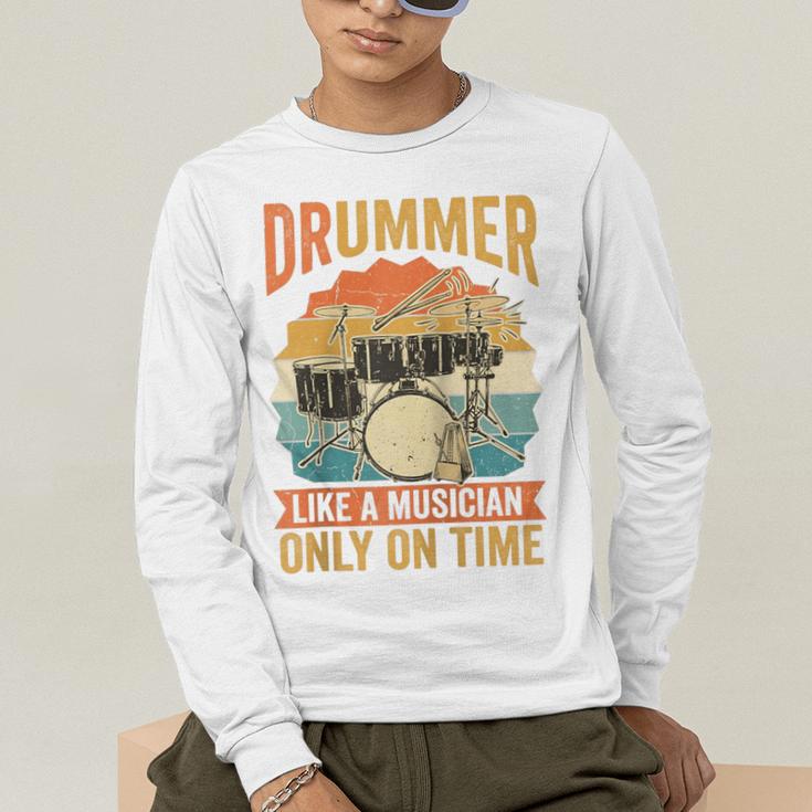 Drummer Like a Musician Only On Time Vintage Sunset Drum Kit Raglan Baseball Tee Men's Long Sleeve T-Shirt