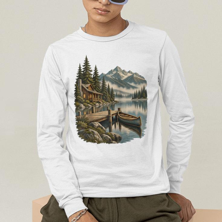 Lakeside Canoe Cabin Escape Scene Raglan Baseball Tee Men's Long Sleeve T-Shirt