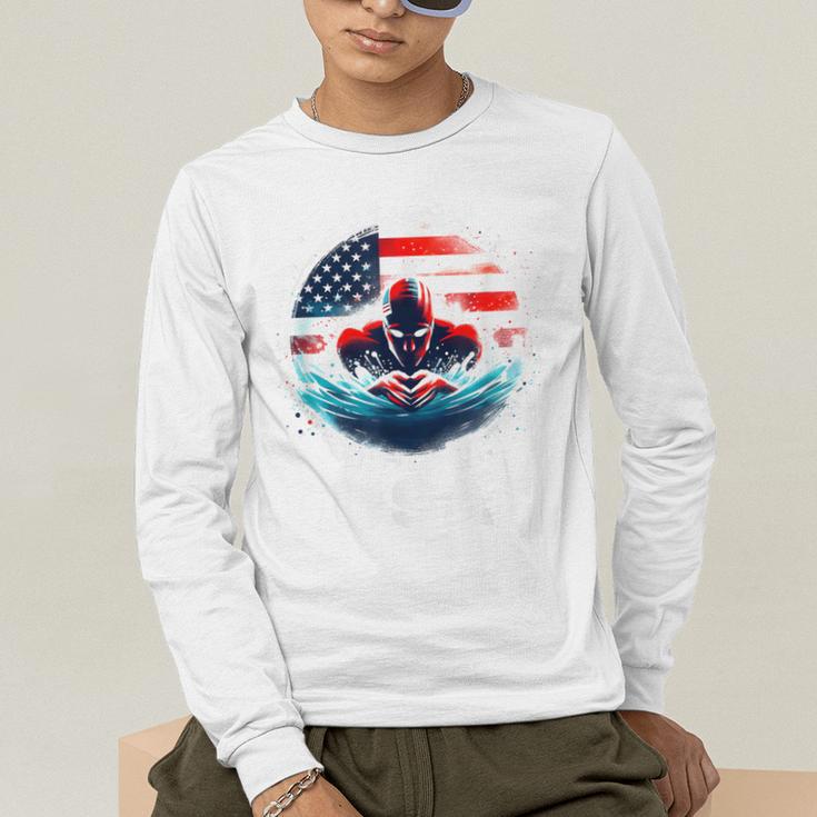 Swimming United States American Swimming Apparel Swimming Men's Long Sleeve T-Shirt Swimming United States American Swimming Apparel Swimming Men's Long Sleeve T-Shirt
