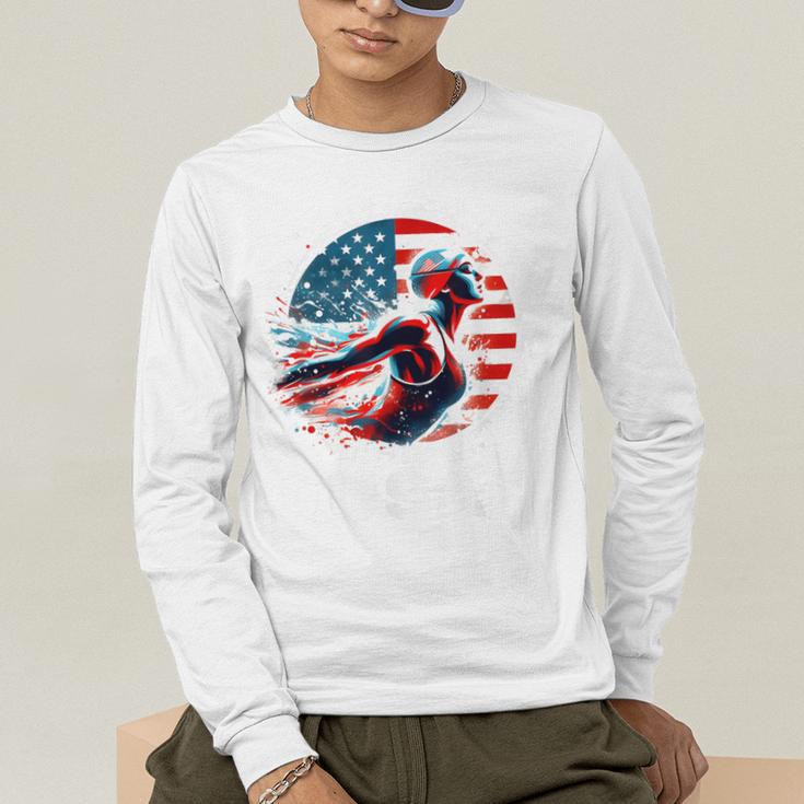 Swimming United States Apparel American Flag Swimming Men's Long Sleeve T-Shirt Swimming United States Apparel American Flag Swimming Men's Long Sleeve T-Shirt