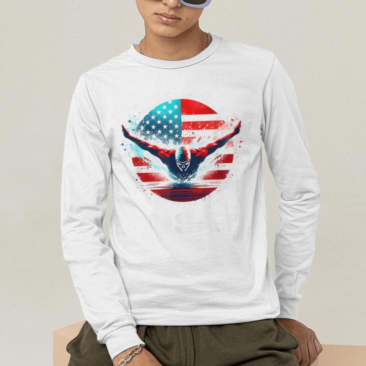 Swimming United States Shirt With American Flag Swimming Men's Long Sleeve T-Shirt
