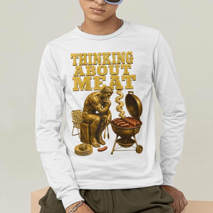 Thinking About Meat BBQ Dad Humor Raglan Baseball Tee Men's Long Sleeve T-Shirt