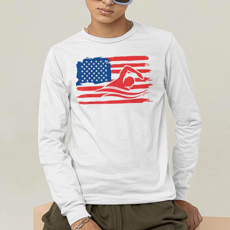 Vintage American Flag Swim Team Swimmer Funny Swimming Gift Men's Long Sleeve T-Shirt