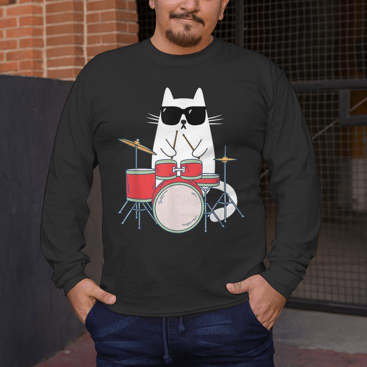 Cat Wearing Sunglasses Playing Drums Drum Kit Musician Men's Long Sleeve T-Shirt Cat Wearing Sunglasses Playing Drums Drum Kit Musician Men's Long Sleeve T-Shirt