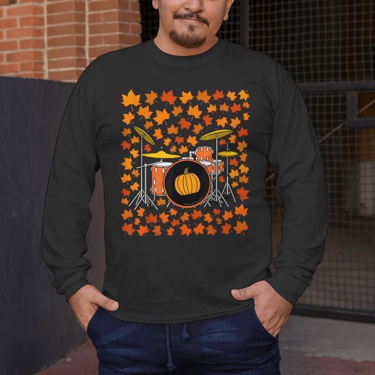 Drum Kit With Leaves Fall Drummer Autumn Musician Men's Long Sleeve T-Shirt Drum Kit With Leaves Fall Drummer Autumn Musician Men's Long Sleeve T-Shirt