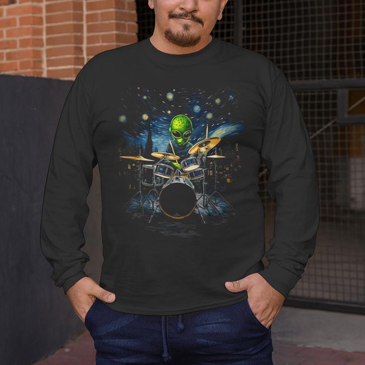 Drum Kit Percussionist Drummer Van Gogh Alien Playing Drums Men's Long Sleeve T-Shirt