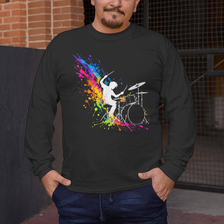 Drummer Silhouette Drum Kit Splatter Art Men's Long Sleeve T-Shirt Drummer Silhouette Drum Kit Splatter Art Men's Long Sleeve T-Shirt
