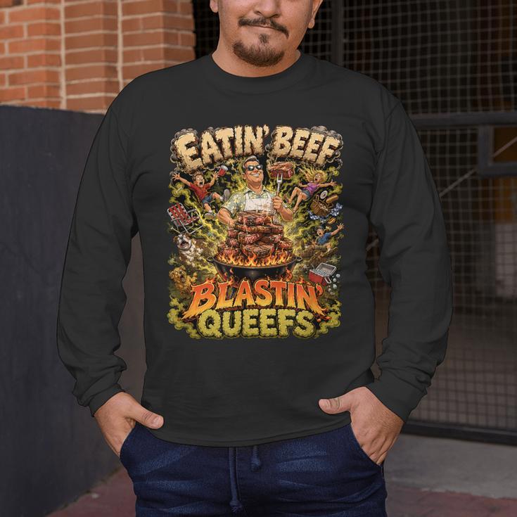 Eatin Beef Blastin Queefs BBQ Dad Grill Cookout Meme Men's Long Sleeve T-Shirt