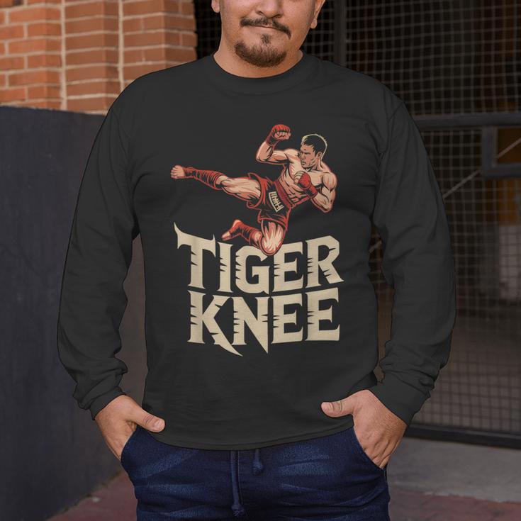 Muay Thai Fighter Tiger Knee Vintage Distressed Badge Men's Long Sleeve T-Shirt Muay Thai Fighter Tiger Knee Vintage Distressed Badge Men's Long Sleeve T-Shirt