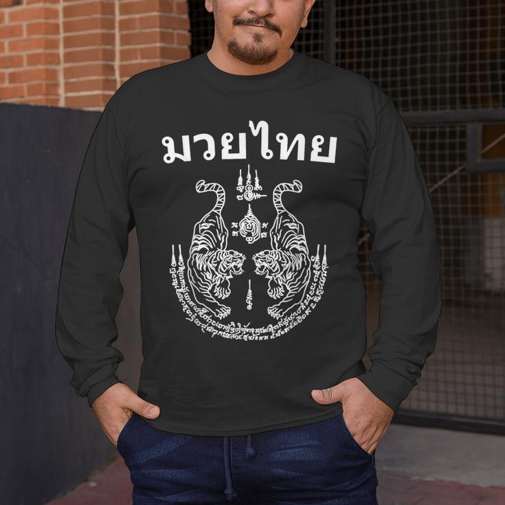 Muay Thai Language Sak Yant Art Tattoo Twin Tiger Kickboxing Men's Long Sleeve T-Shirt Muay Thai Language Sak Yant Art Tattoo Twin Tiger Kickboxing Men's Long Sleeve T-Shirt