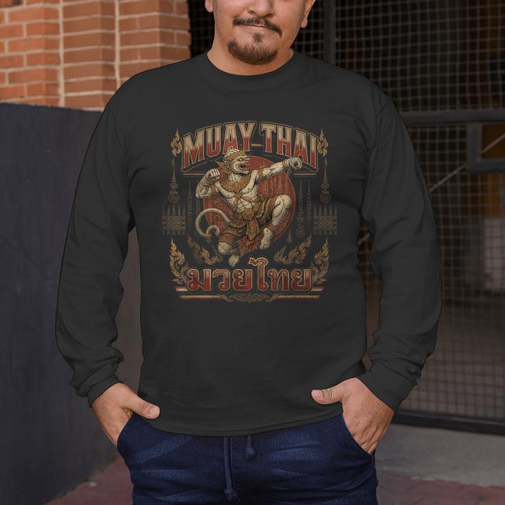 Muay Thai Power Vintage Thai Boxing Warrior Fighter Monkey Men's Long Sleeve T-Shirt