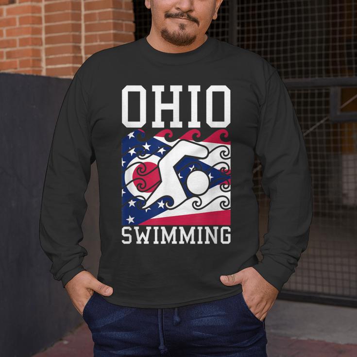 Ohio Flag Swimming Team Swim Swimmer US State Men's Long Sleeve T-Shirt Ohio Flag Swimming Team Swim Swimmer US State Men's Long Sleeve T-Shirt