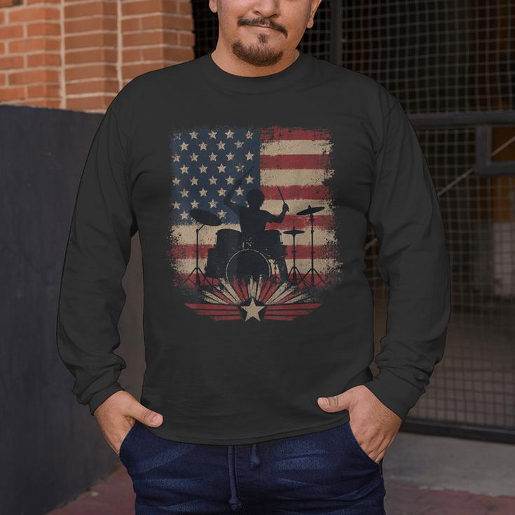Patriotic Drum Kit Silhouette American Flag Men's Long Sleeve T-Shirt Patriotic Drum Kit Silhouette American Flag Men's Long Sleeve T-Shirt