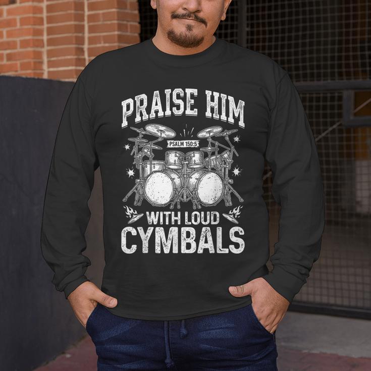 Praise Him With Loud Cymbals Psalm 150-5 Vintage Drum Kit Men's Long Sleeve T-Shirt Praise Him With Loud Cymbals Psalm 150-5 Vintage Drum Kit Men's Long Sleeve T-Shirt