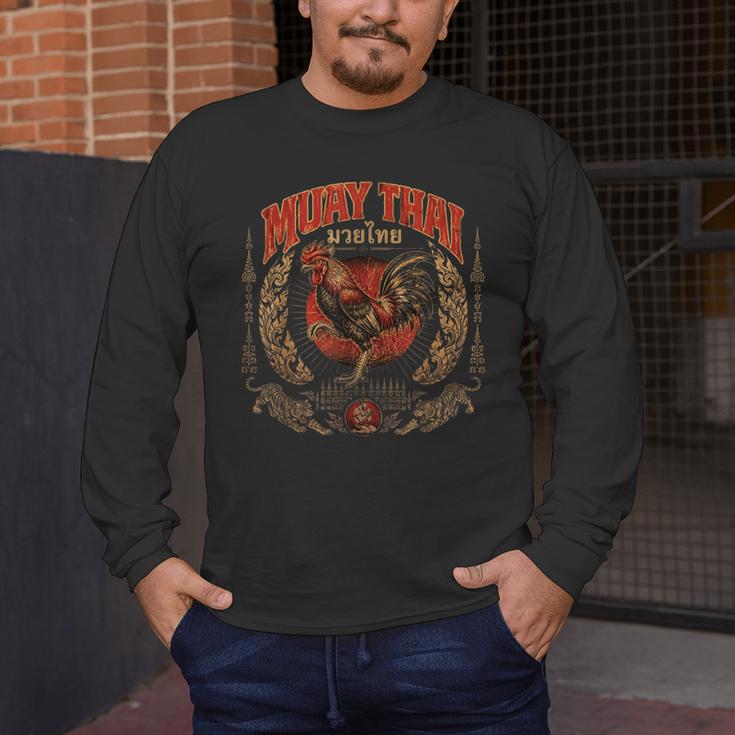 Retro Muay Thai Woman Thai Boxing Warrior Fighter Chicken Men's Long Sleeve T-Shirt