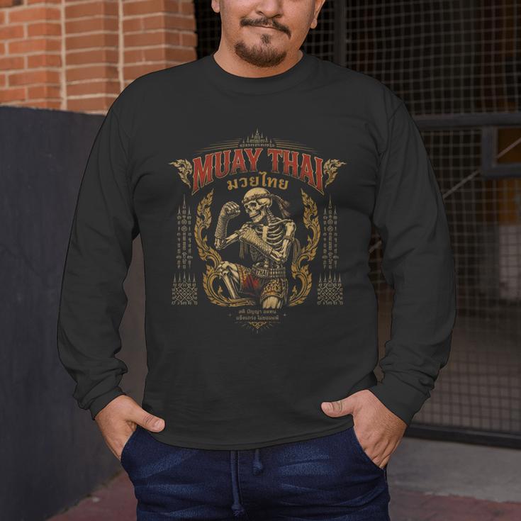 Retro Muay Thai Shorts Thai Boxing Fighter Style Skeleton Men's Long Sleeve T-Shirt