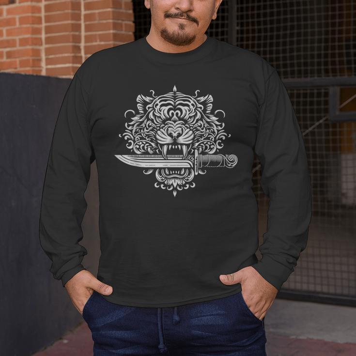 Sak Yant Muay Thai MMA Tattoo Tiger Head Knife Martial Art Men's Long Sleeve T-Shirt