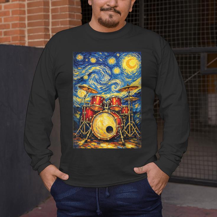 Starry Night Drum Kit Van Gogh Style Art Men's Long Sleeve T-Shirt Starry Night Drum Kit Van Gogh Style Art Men's Long Sleeve T-Shirt