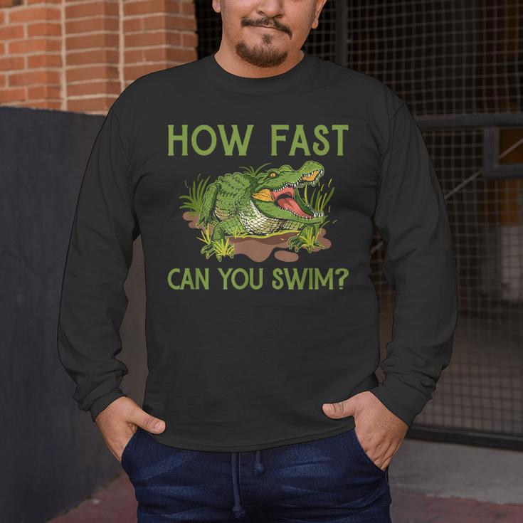 Swimmer Crocodile Swimming Humor How Fast You Can Swim Men's Long Sleeve T-Shirt Swimmer Crocodile Swimming Humor How Fast You Can Swim Men's Long Sleeve T-Shirt