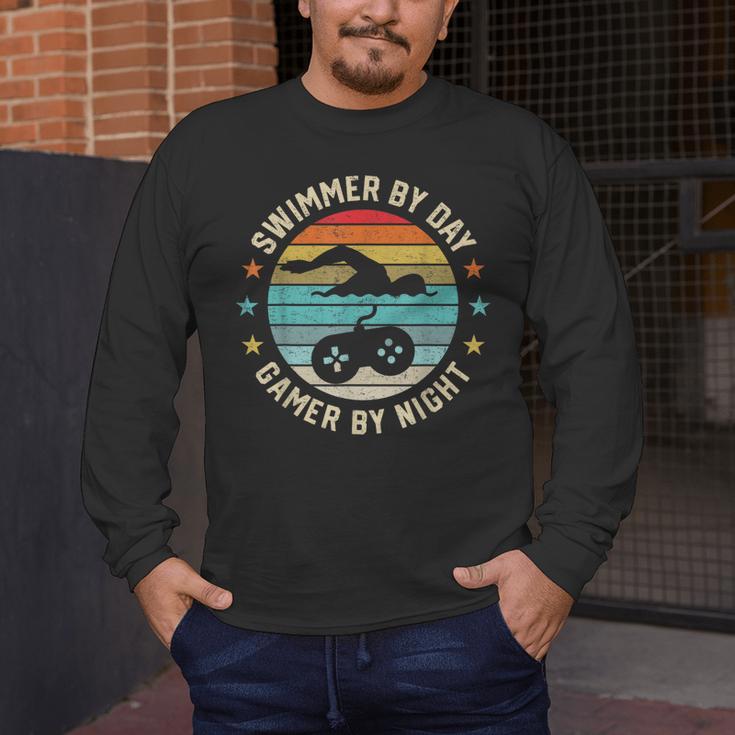 Swimmer By Day Gamer By Night Swimming Swim Lover Gaming Men's Long Sleeve T-Shirt Swimmer By Day Gamer By Night Swimming Swim Lover Gaming Men's Long Sleeve T-Shirt
