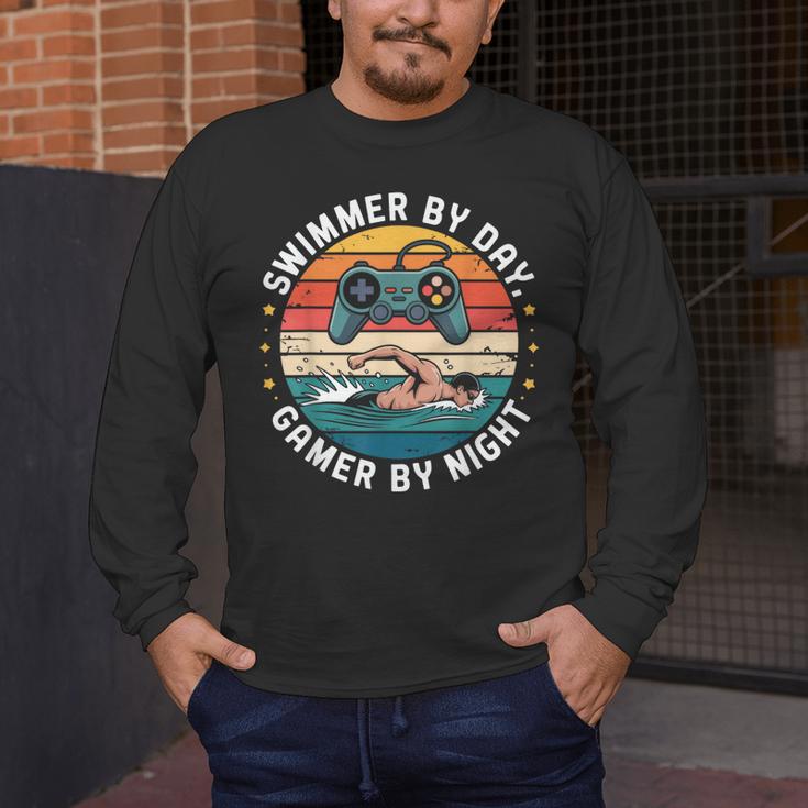 Swimmer By Day Gamer By Night Swimming Vintage Gaming Swim Men's Long Sleeve T-Shirt