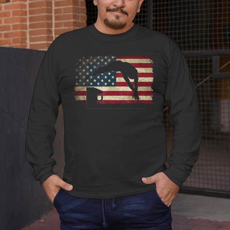 Swimming Swim Team Distressed American Flag USA Swimmer Men's Long Sleeve T-Shirt Swimming Swim Team Distressed American Flag USA Swimmer Men's Long Sleeve T-Shirt