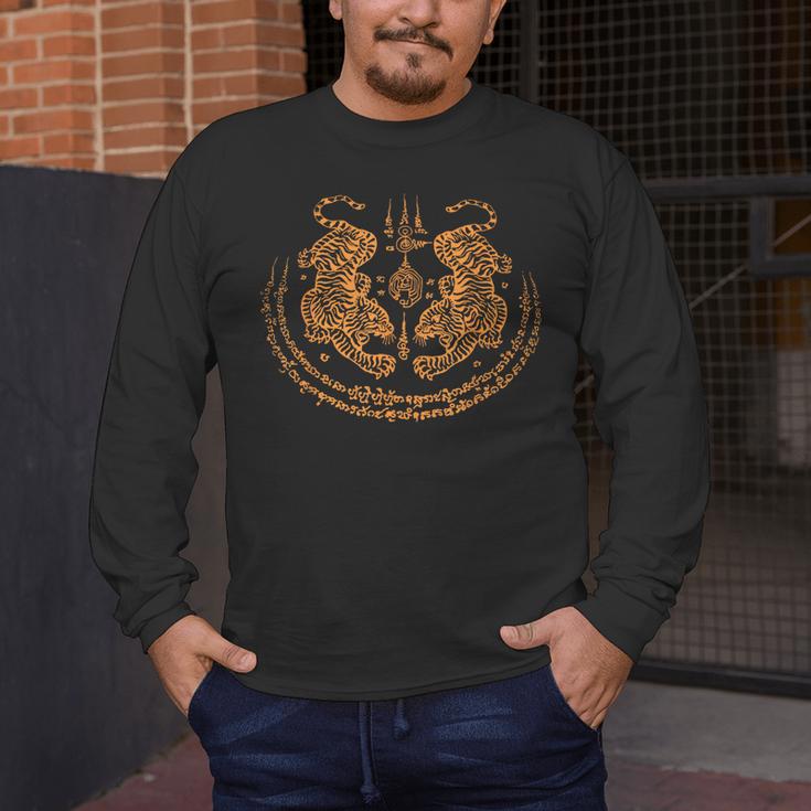 Twin Tiger Sak Yant Tattoo Muay Thai Thai Martial Arts Men's Long Sleeve T-Shirt