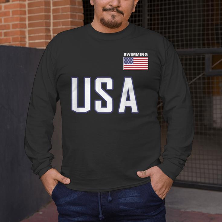 USA Flag Swim Swimming Sport Practice Equipment Men Women Men's Long Sleeve T-Shirt USA Flag Swim Swimming Sport Practice Equipment Men Women Men's Long Sleeve T-Shirt