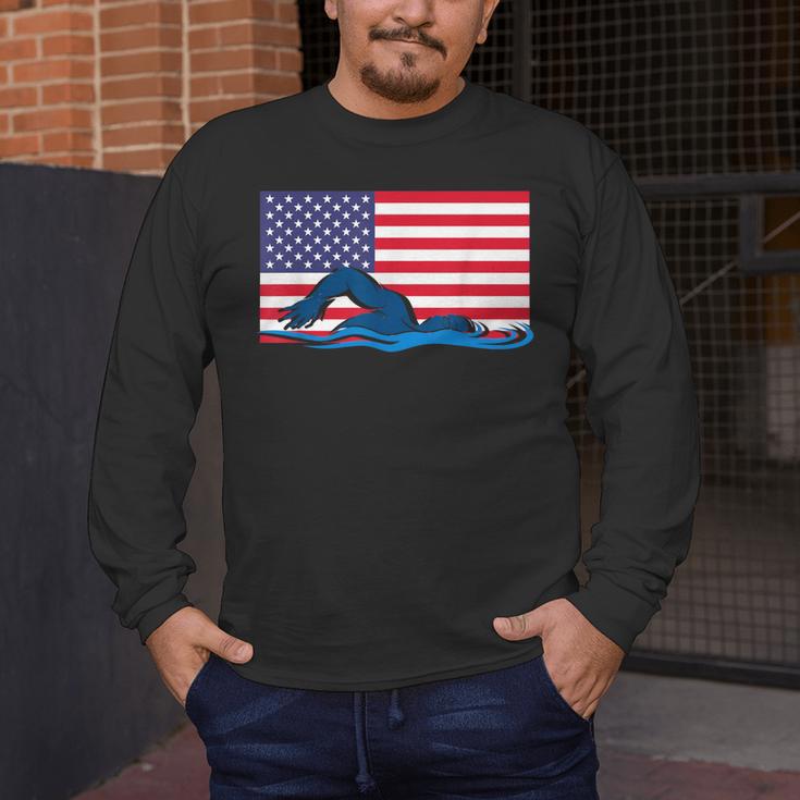USA Flag Swimmer Swimming Sport Athlete Swim Swimming Men's Long Sleeve T-Shirt USA Flag Swimmer Swimming Sport Athlete Swim Swimming Men's Long Sleeve T-Shirt