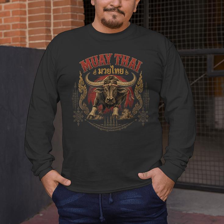 Vintage Muay Thai Dad Thai Boxing Fighter Father Buffalo Men's Long Sleeve T-Shirt