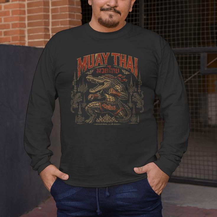 Vintage Muay Thai Wai Kru Thai Boxing Ritual Art Crocodile Men's Long Sleeve T-Shirt
